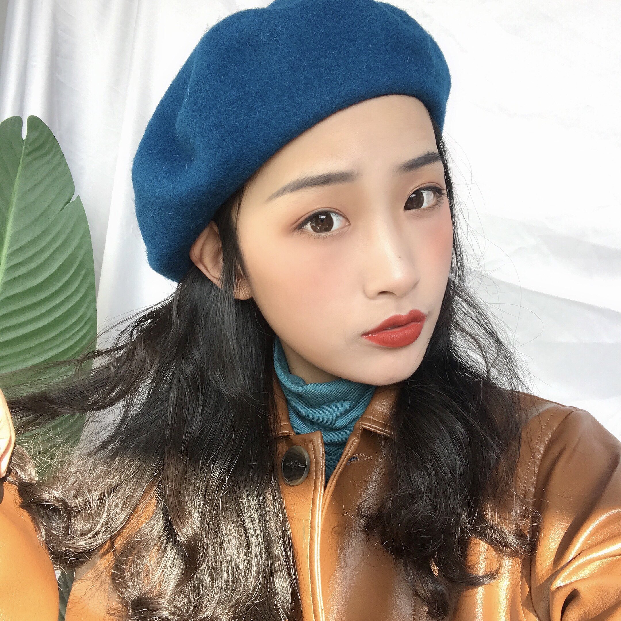 好看的蓝色系贝雷帽女秋冬羊毛呢韩版复古百搭蓓蕾帽蓝色画家帽子