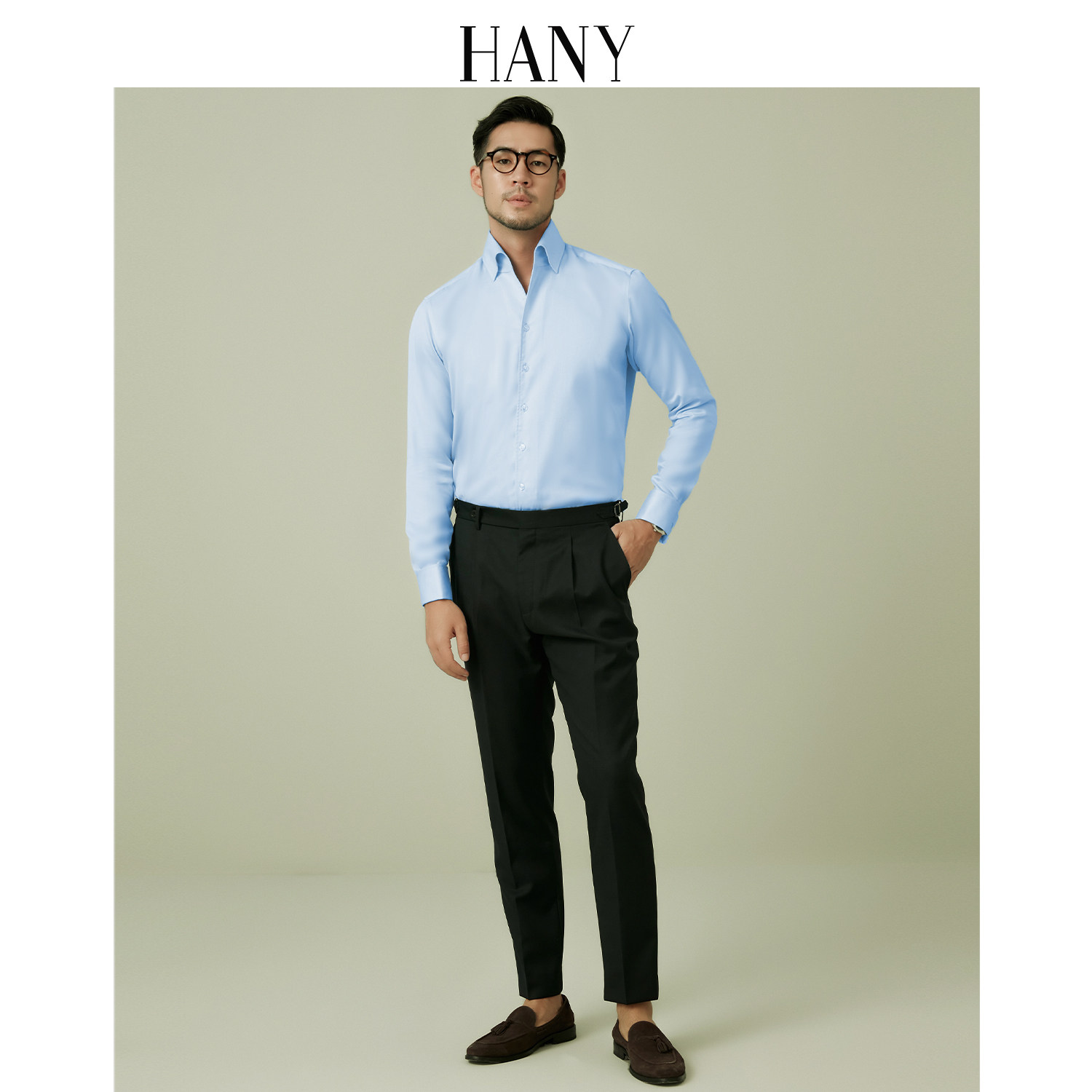 hany意式一片法式衬衫长袖浅蓝色高端免烫设计衬衫