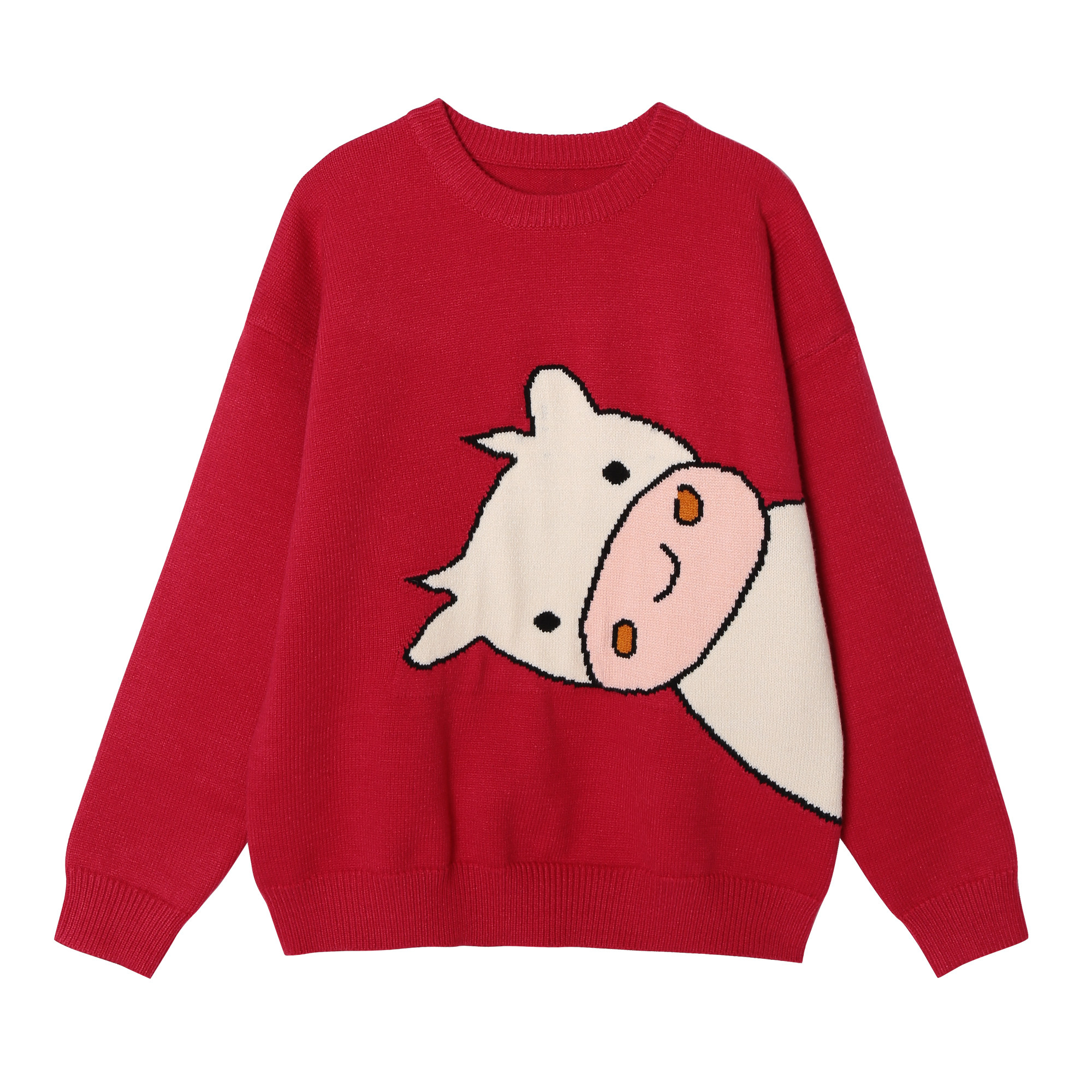 2021年新款过年本命年红色可爱卡通毛衣宽松百搭毛衣