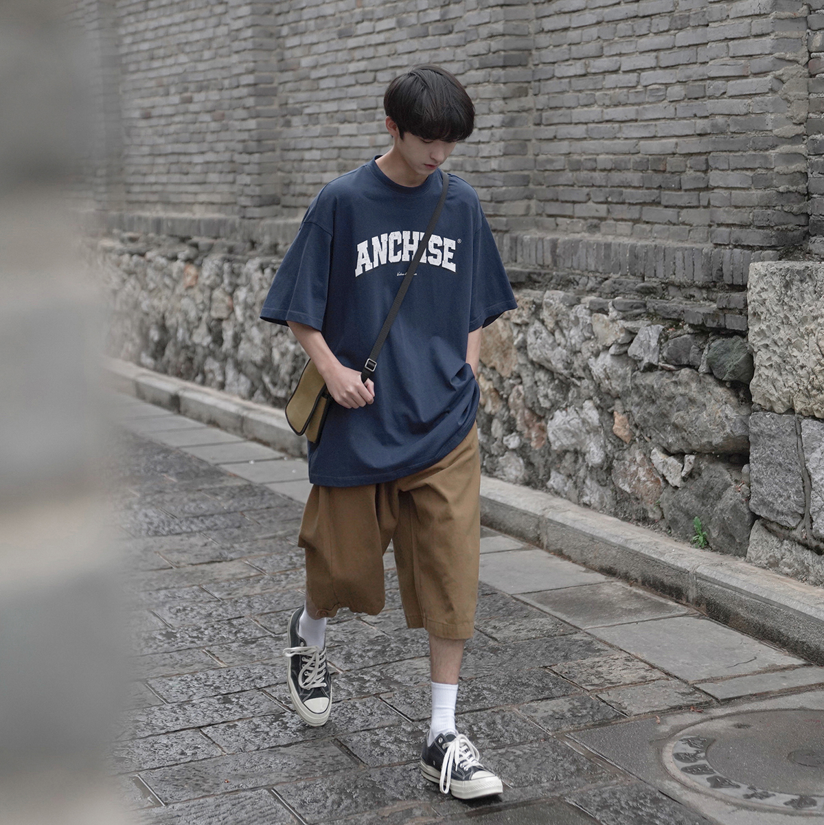 E022夏季男士短袖T恤240g字母印花圆领落肩中袖美式休闲学生衣服