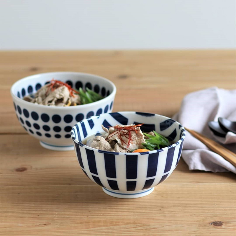 日本进口美浓烧蓝白波点条纹印花陶瓷餐具饭碗碗