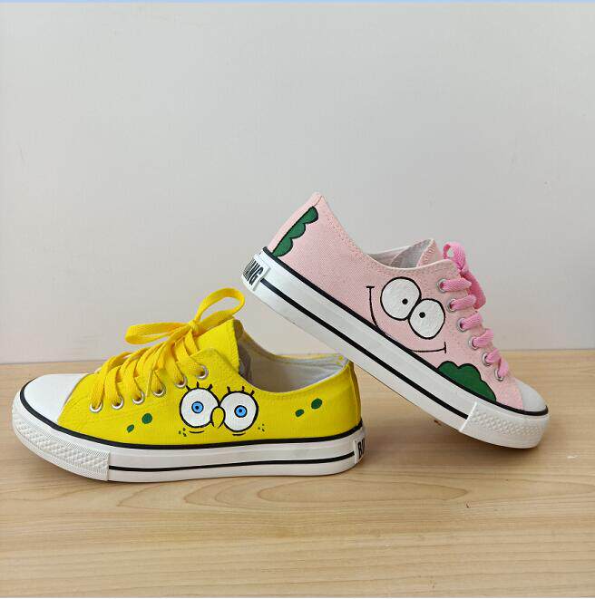 海宝手绘鞋涂鸦鞋派大星彩绘鞋韩版女鞋中高帮系带帆布鞋定制春秋