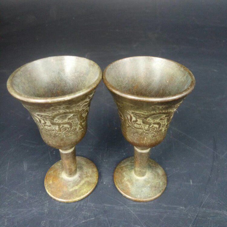 古玩杂项老物件收藏 纯铜龙凤呈祥酒杯 老铜小供杯酒盅宣字底摆件