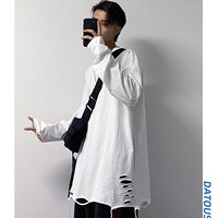 White cotton long-sleeved T-shirt with a cut hole in the hem