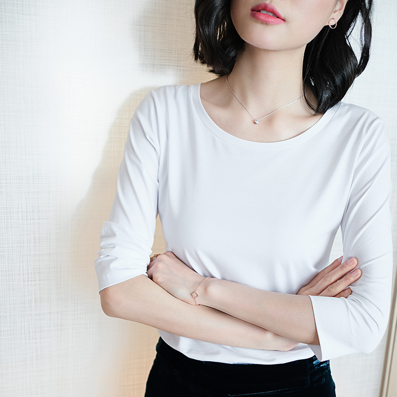 bi备纯色修身七分袖上衣纯棉白色t恤女半袖衣服女装夏装2020新款
