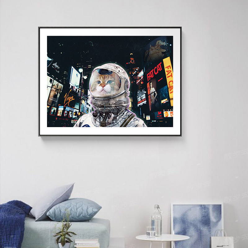 散步独家橘猫宇航员艺术装饰画餐厅卧室太空科技现代装饰画