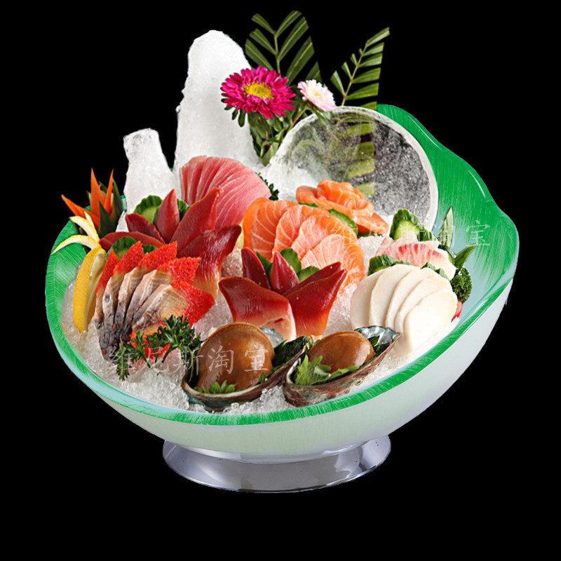新品创意水果盆大海鲜冰盘刺身盘绿边钢化玻璃酒店果盆