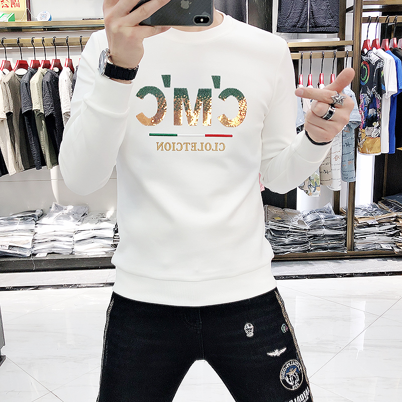 春季高端纯棉卫衣男士打底衫长袖T字母刺绣修身休闲潮牌圆领男装