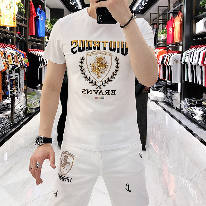 欧洲站夏季新款刺绣丝光棉短袖男上衣修身圆领半袖t恤男潮牌休闲