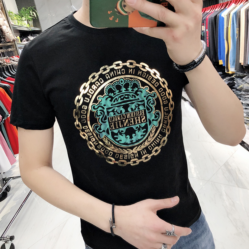 夏季新款纯棉潮牌图案炫彩印花个性短袖男款修身百搭时尚半袖t恤