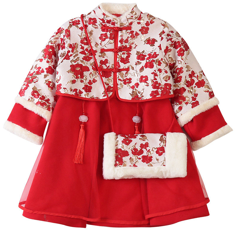 女童唐装中国风加厚套装宝宝拜年服周岁衣服喜庆儿童汉服秋冬装