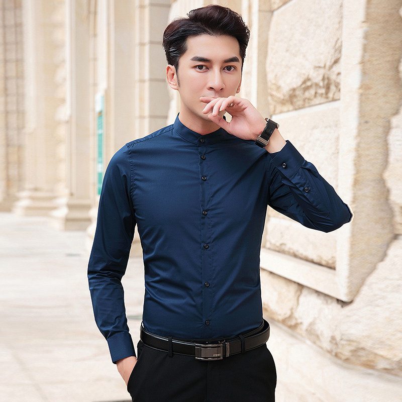 白色立领衬衫衣男长袖秋季圆领无直中国国风衬衫