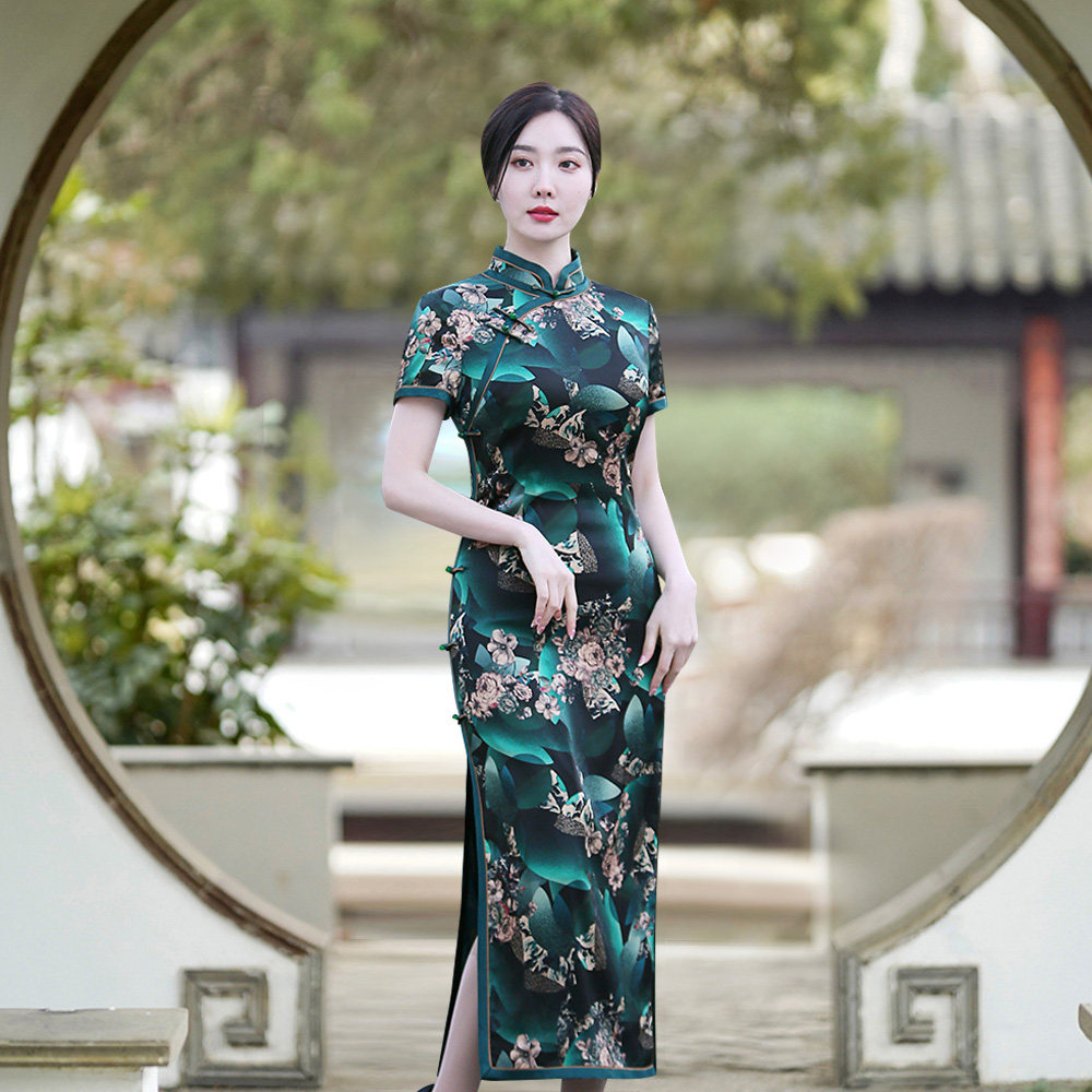 重磅真丝桑蚕丝旗袍长款走秀演出服侧扣斜襟立领短袖高端大气礼服