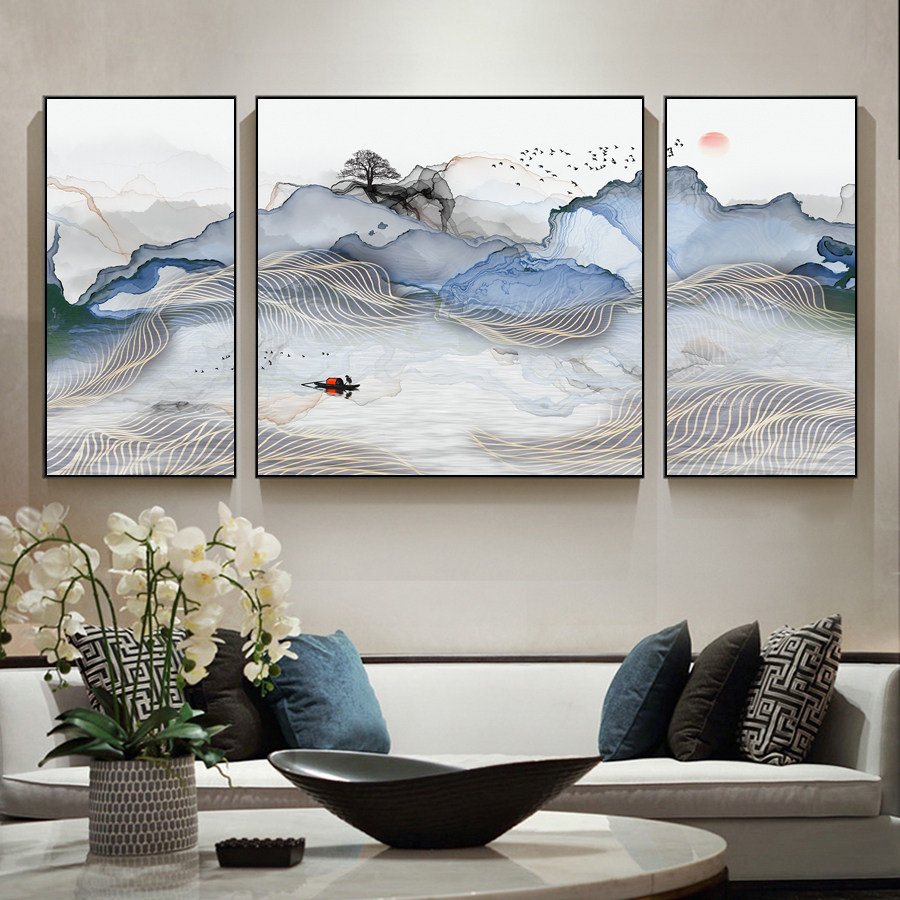 客厅装饰画山水画风水沙发背景墙三联组合轻奢艺术现代装饰画