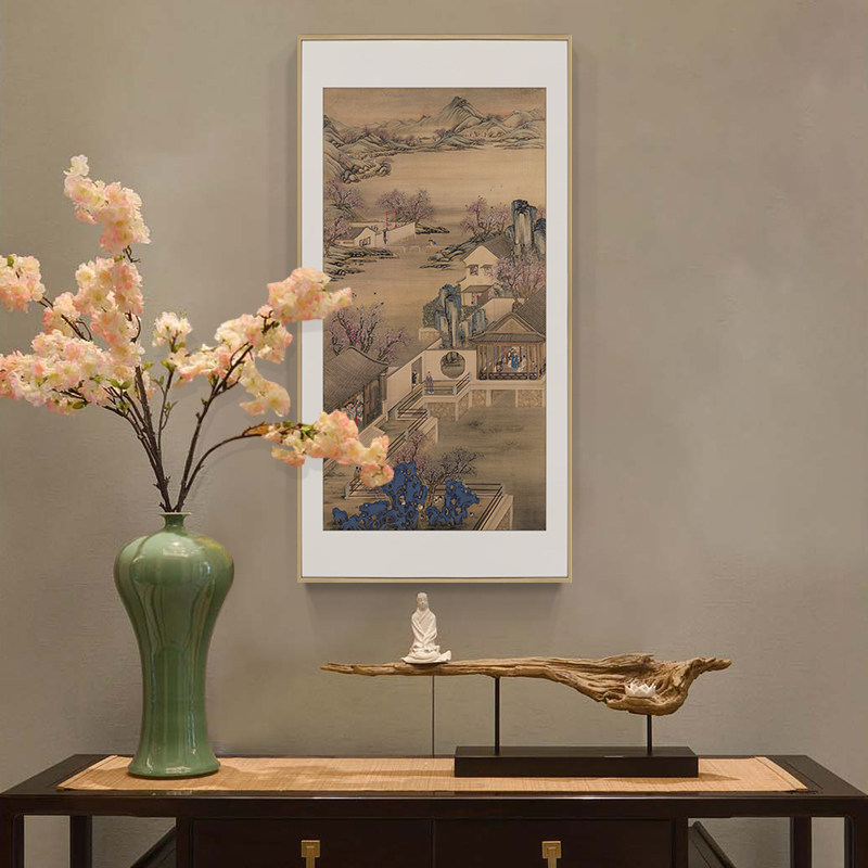 国画仿古画三月赏桃图新中式入户玄关画竖版装饰画中国风古代挂画