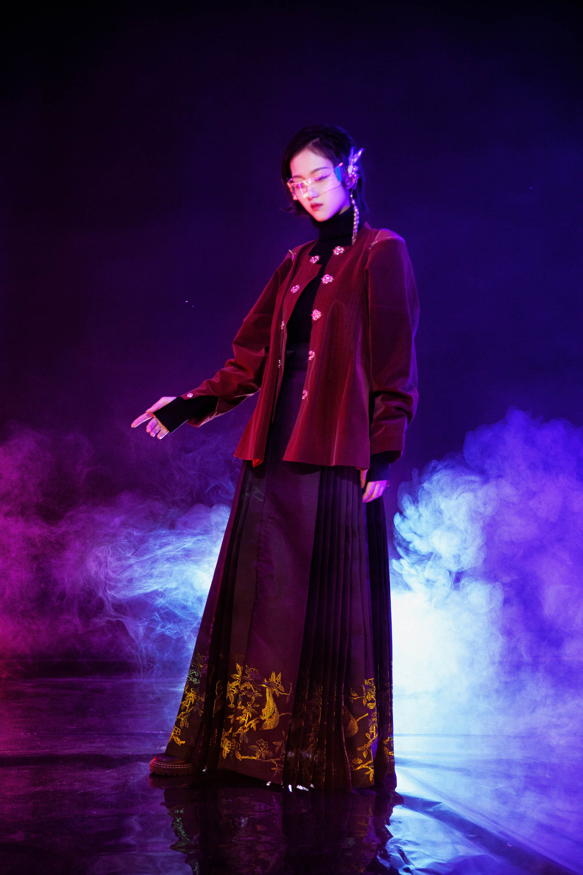 黑帝麒麟原创重工刺绣汉元素明制方领补皮质外套汉服