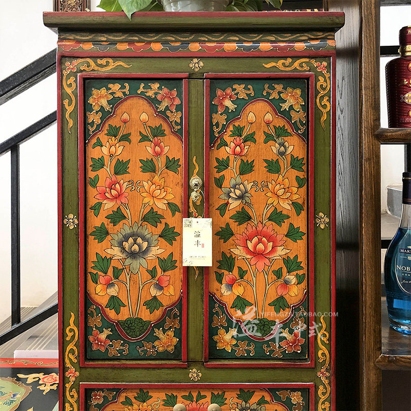 西藏家具彩绘实木做旧书柜立柜定制八宝唐卡单个书柜