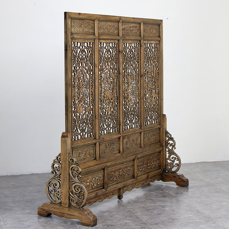 东阳木雕落地屏风实木中式做旧复古座屏酒店座屏