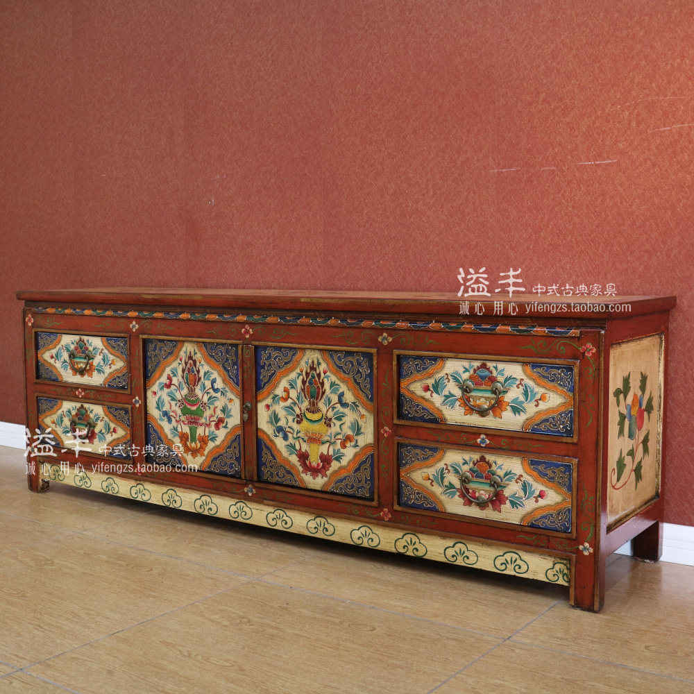 新中式藏式地柜客厅玄关储物矮柜电视柜彩绘手工电视柜