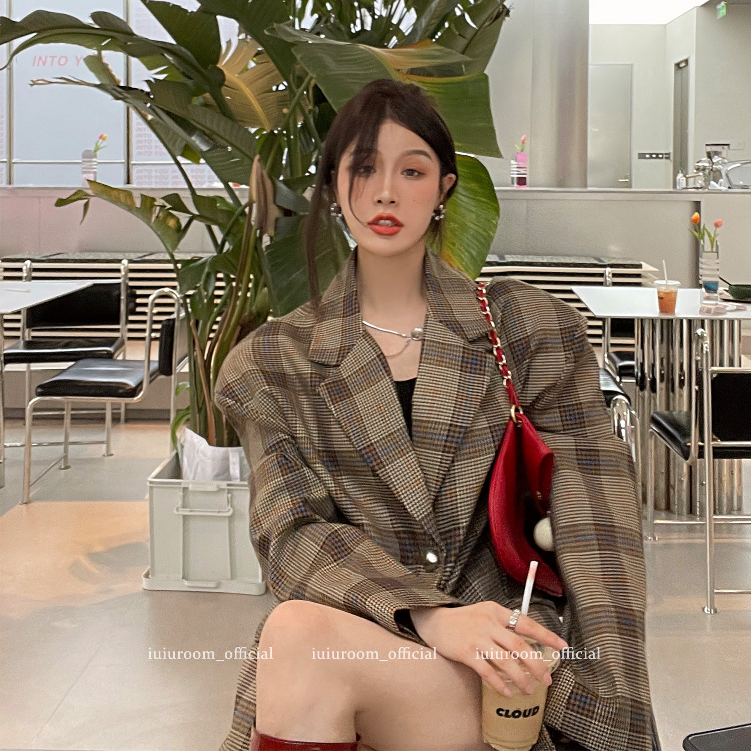 iuiu阿晶复古古风格子小西西装外套气质秋装西装