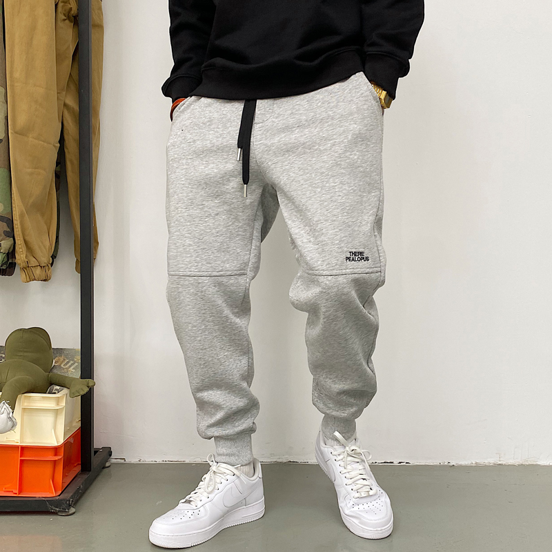 春秋季美式休闲灰色卫裤男宽松潮牌简约百搭抽绳加绒束脚运动裤子