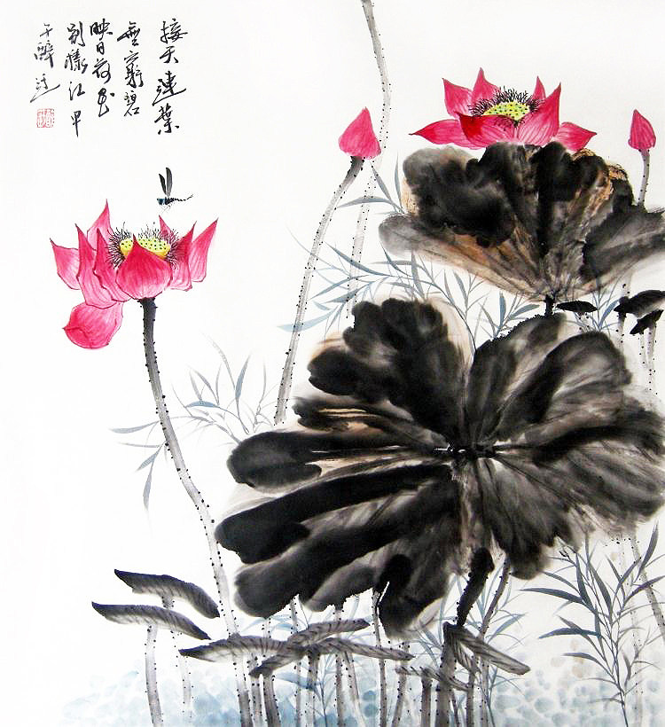 写意六尺荷花水墨装饰手绘壁画客厅书画字画国画