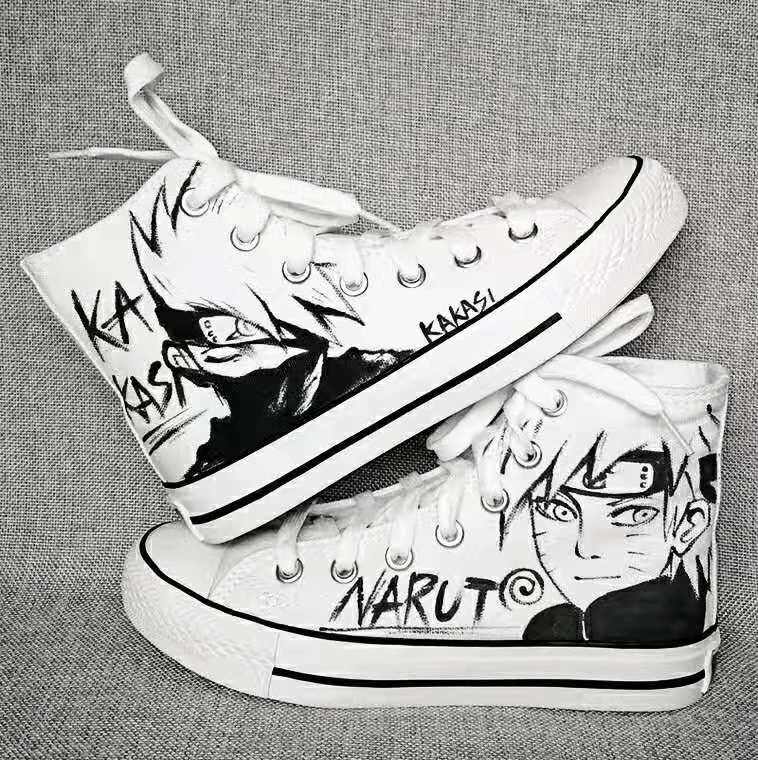 流行新款火影忍者动漫高帮帆布手绘鞋黑白色男女帆布鞋