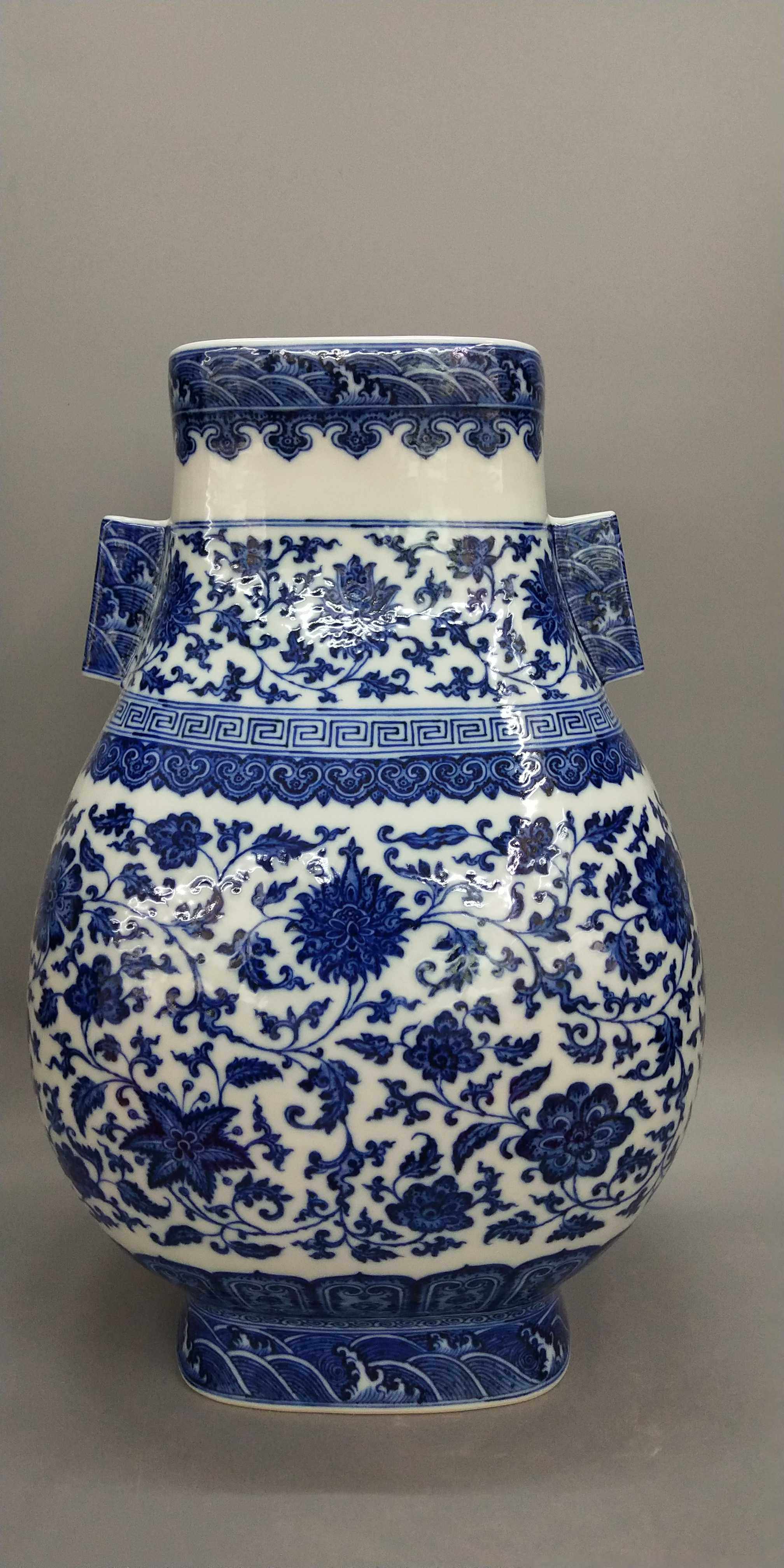 柴窑柴烧青花缠枝双耳摆件装饰精品高仿景德镇茶叶罐