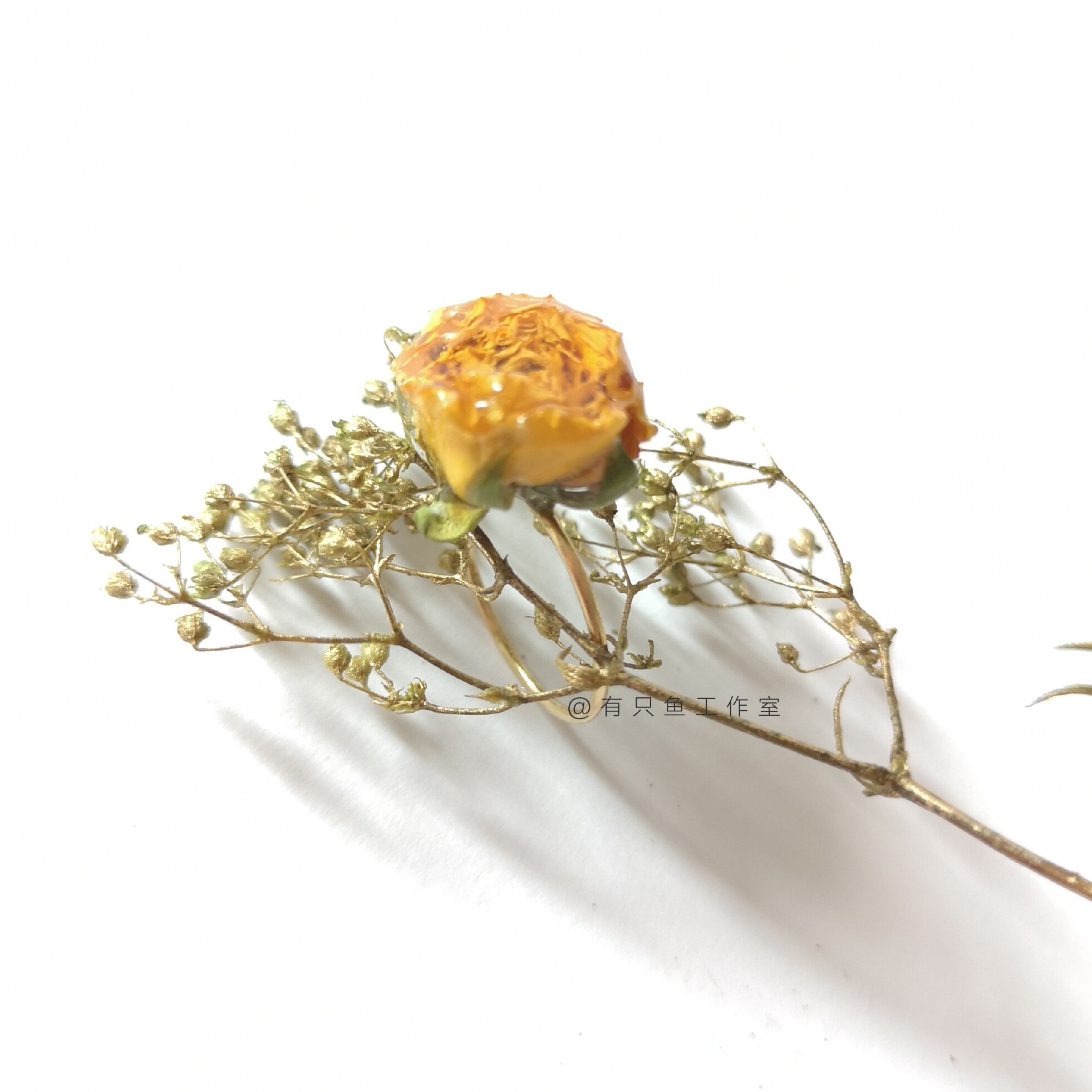 有只鱼工作室/干花戒指 天然真花黄色玫瑰复古少女心小物件环14k