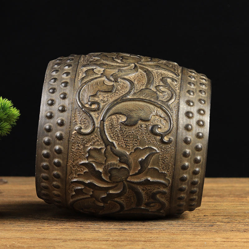 中式复古天然青石整料雕刻缠枝莲竖鼓立石鼓石雕