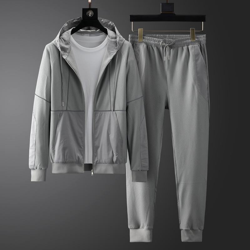 高端休闲运动套装男士薄款春夏季连帽弹力开衫夹克时尚两件套帅气