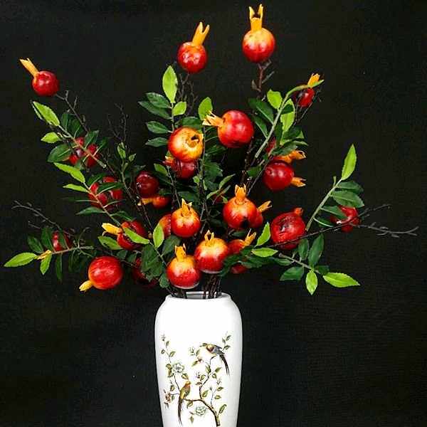 仿真石榴枝果插花陶瓷瓷瓶玻璃花瓶金色摆放仿真花