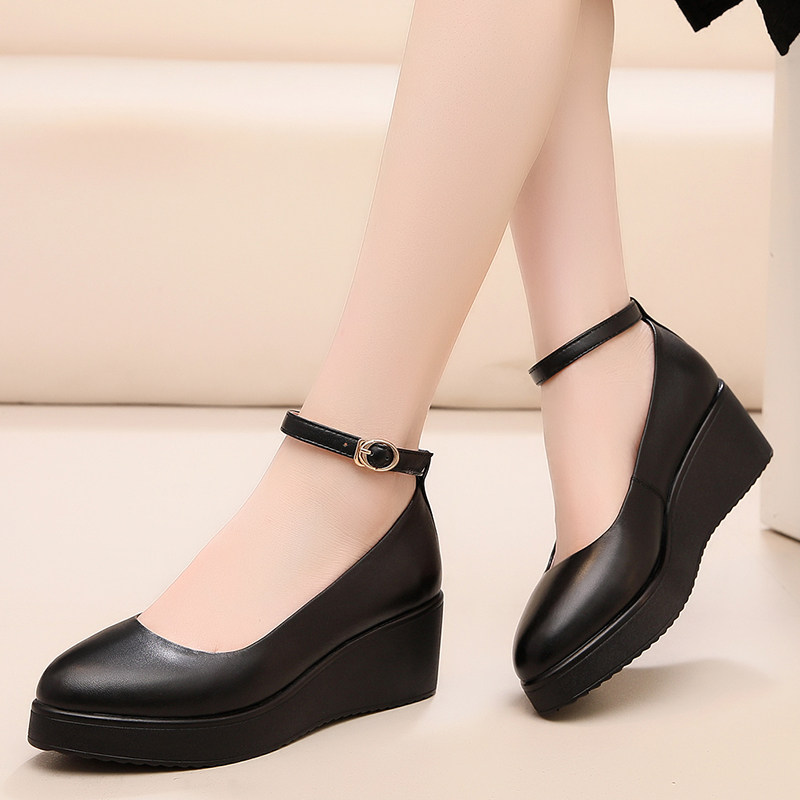 真皮尖头一字扣带浅口单鞋女坡跟休闲皮鞋松糕单鞋