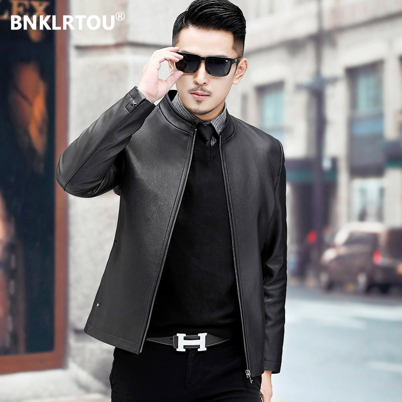 2021春秋款鹿皮纹山羊皮海宁真皮皮衣男立领短款商务皮夹克外套单