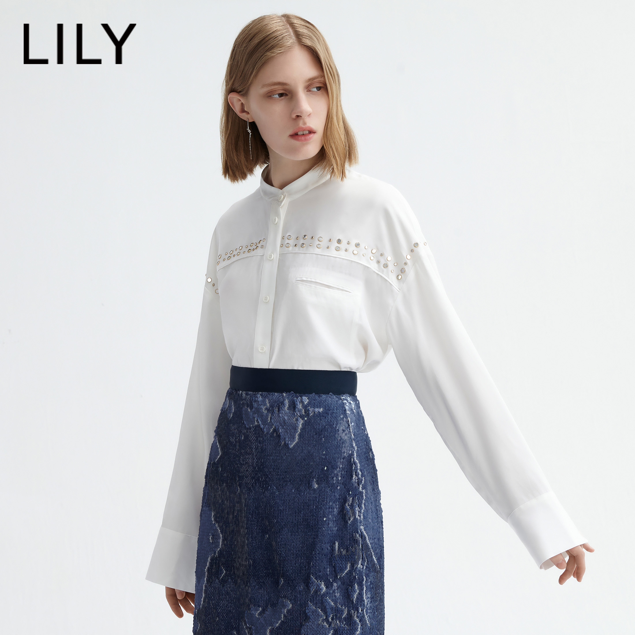 lily2020秋季新款女装宽松袖上上衣立领长袖衬衫衬衫