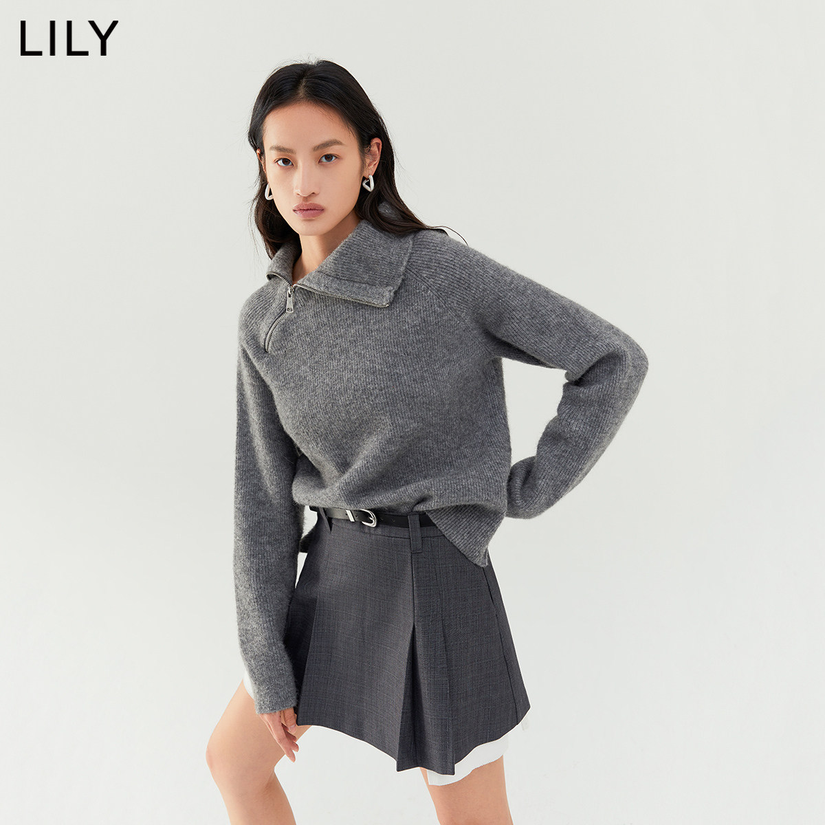商场同款lily2022新款女装复古别致拉链翻领气质毛衣
