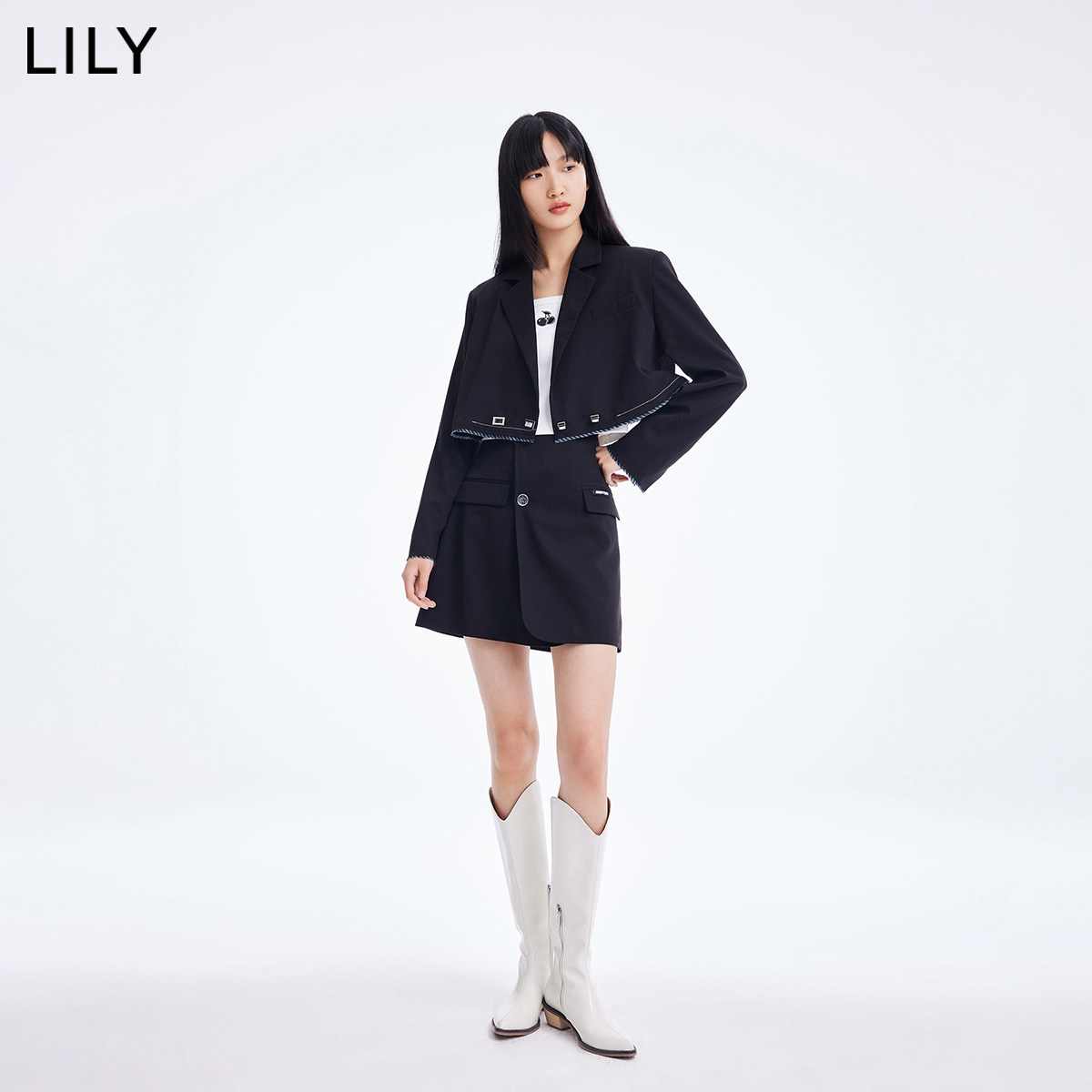 正品lily丽丽2022年春季女装bm黑色毛边截断西装