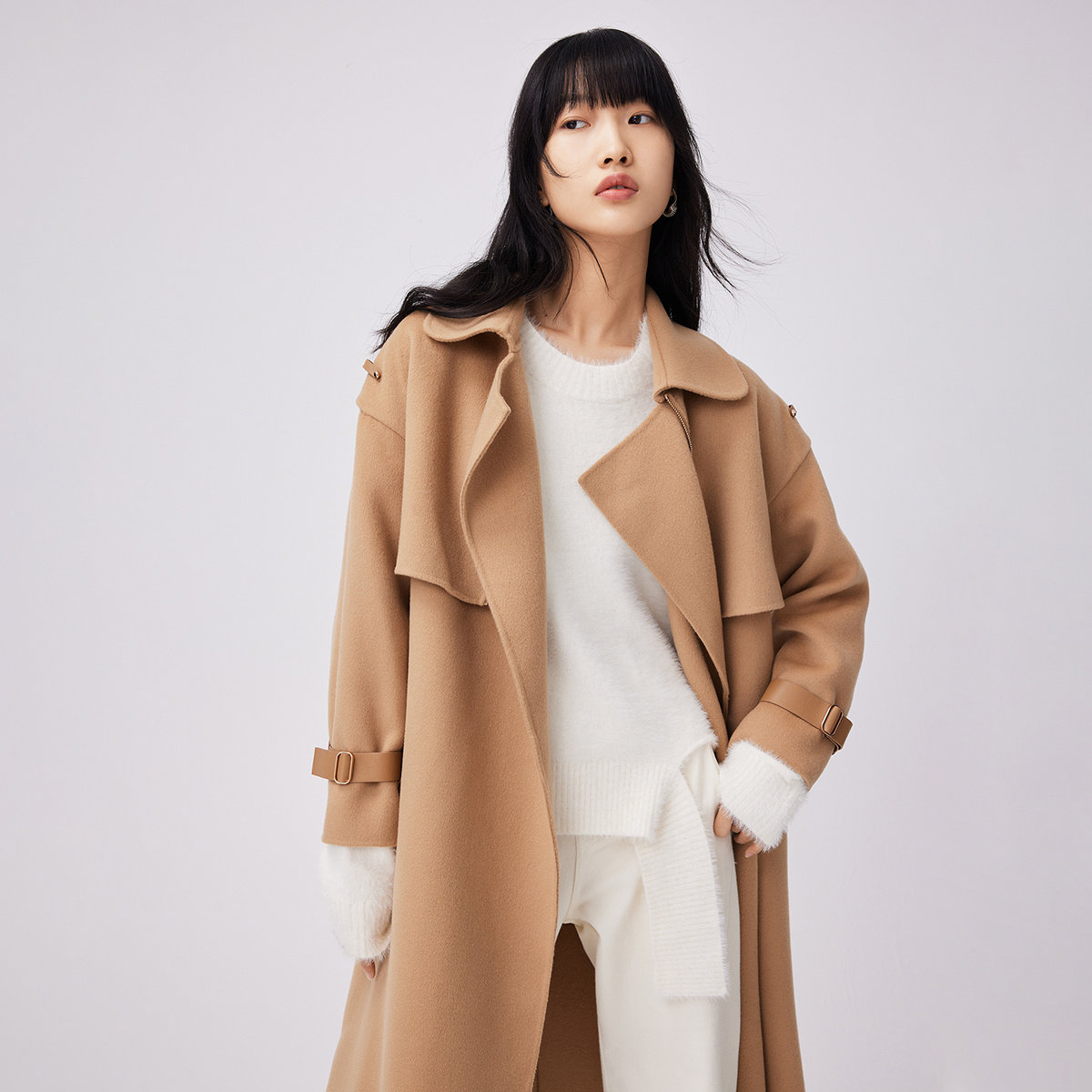 lily新款女装绵羊毛经典卡其色双层两穿毛呢外套毛呢外套