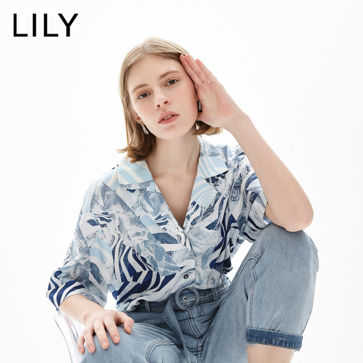 lily2020夏季新款女装斑马印花中袖宽松休闲翻领衬衫