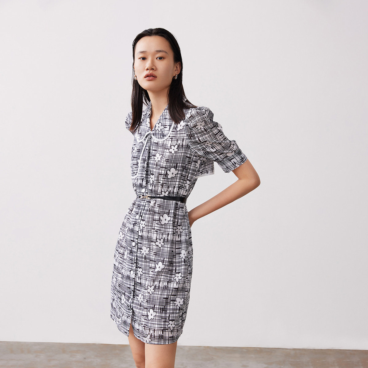 lily气质泡泡花卉浪漫不对称优雅夏新款复古女装连衣裙