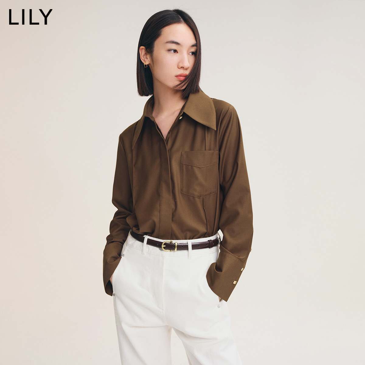 lily2023新款女装气质纯色通勤法式简约优雅宽松衬衫