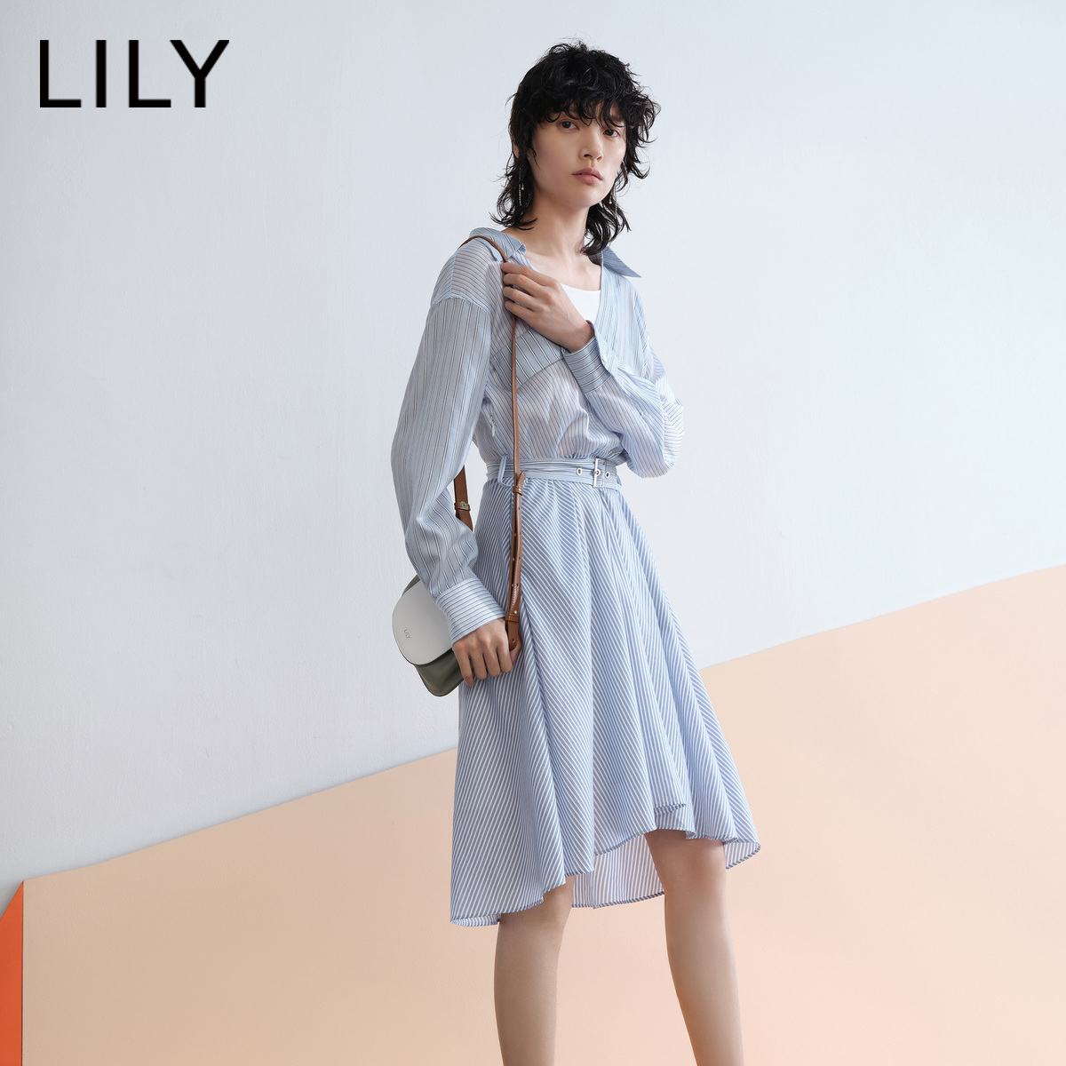 lily2020秋季新款女装莱赛尔条纹拼接衬衫式连衣裙120320c7288