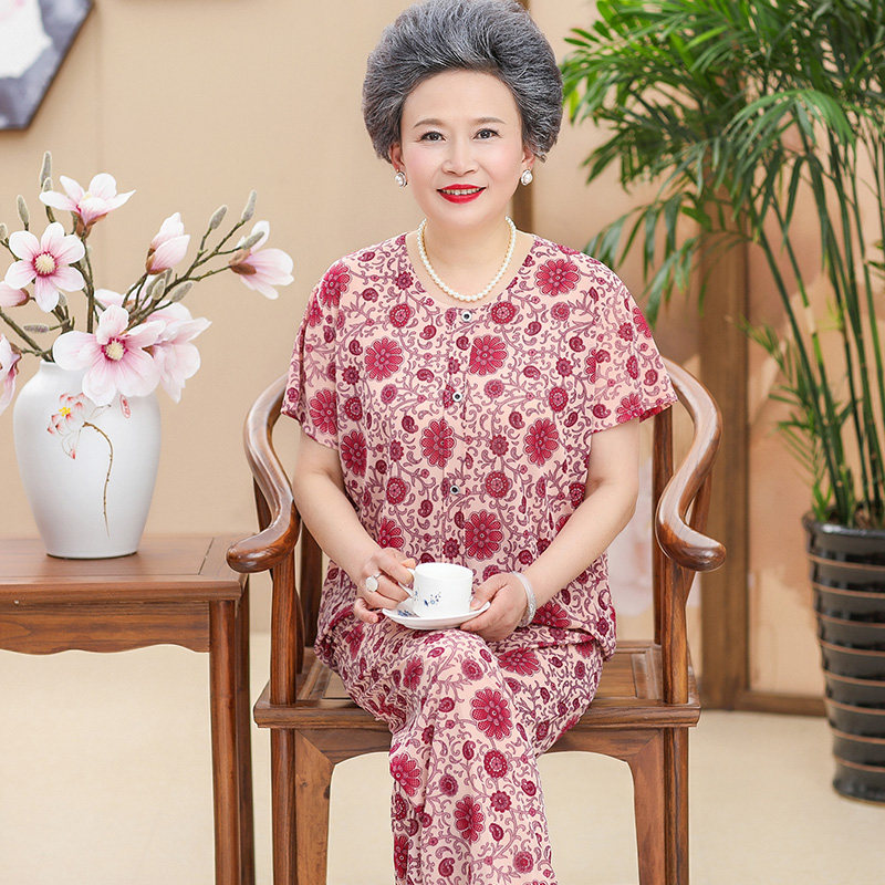 奶奶装夏装冰丝短袖两件套装中老年女装妈妈60岁70老人夏天衣服女