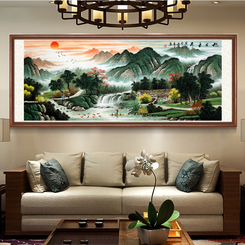 手工十字绣成品旭日东升流水生财新款客厅山水挂画十字绣成品