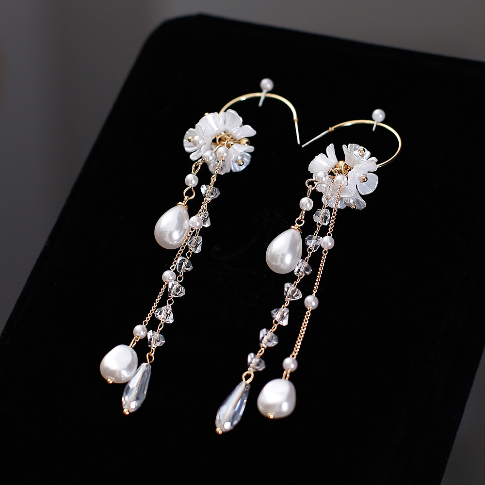 结婚新娘头饰甜美美红白色长款流苏耳环耳钉耳环