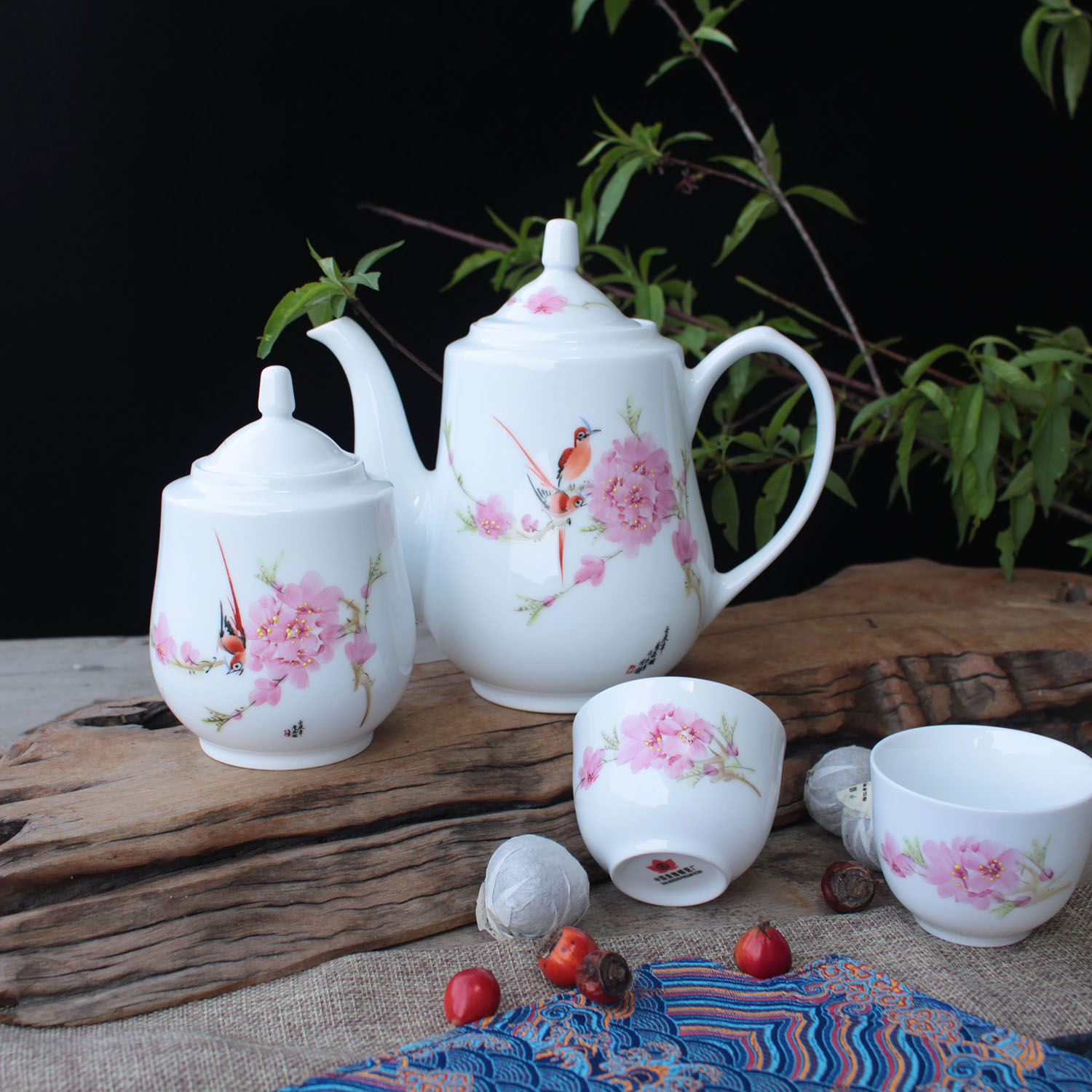 红叶金品景德镇手绘粉彩水点桃花花功夫茶具公道功夫茶具