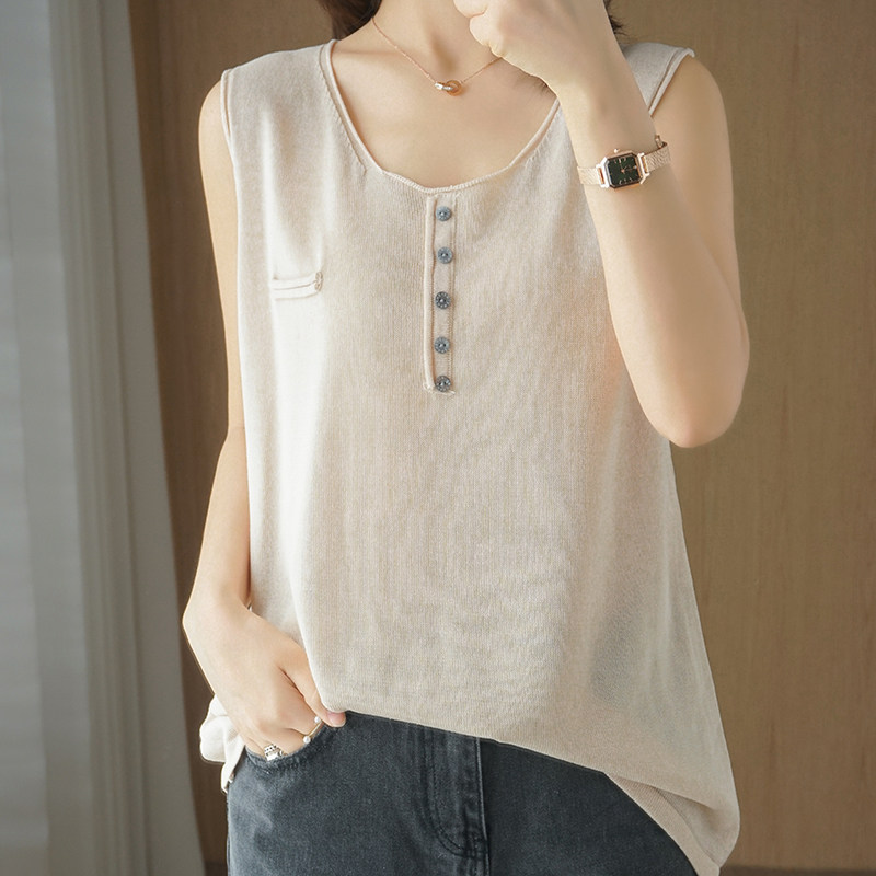 圆领针织亚麻无袖夏季内搭休闲纯棉宽松女外背心吊带