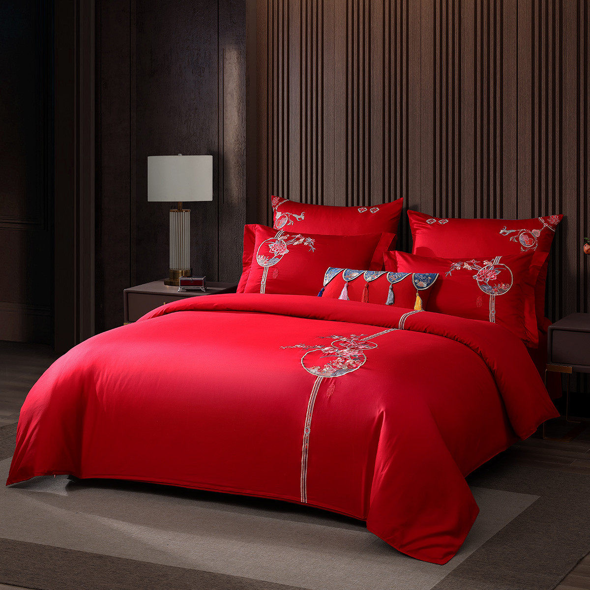 梦洁家纺婚庆四件件套60支长绒绣花大红红色结婚婚庆床品套件