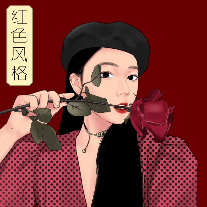 红色风格手绘网红照片头像漫画卡通形象设计logo人物