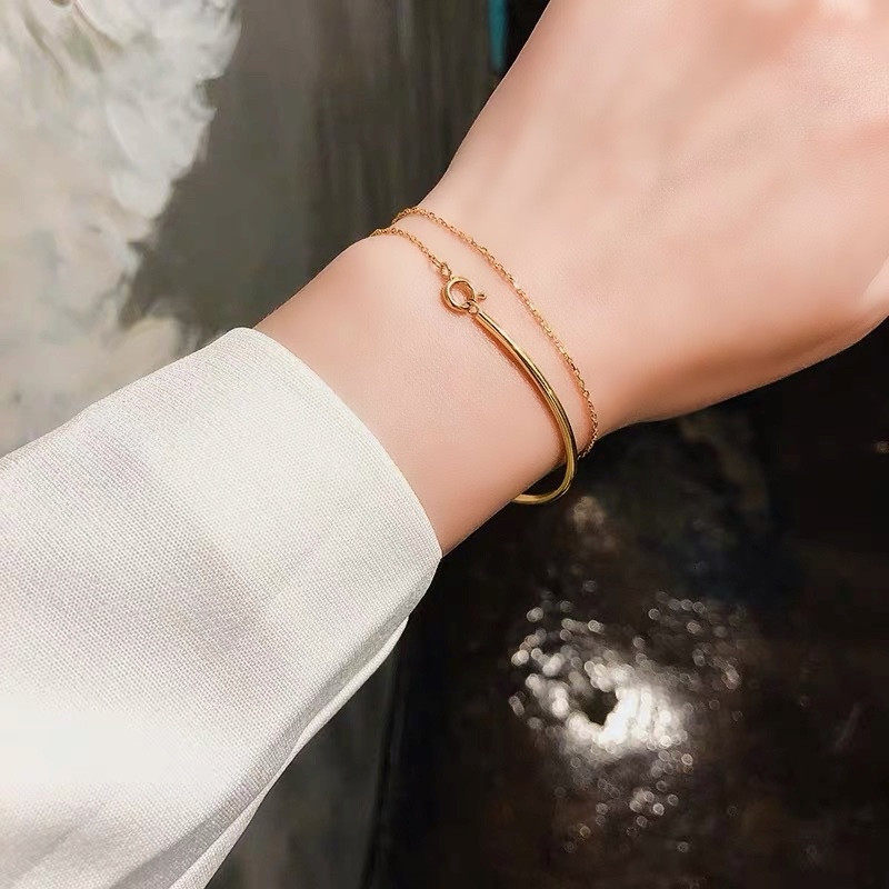 24k黄金手链女新款999足金手镯金半镯子首饰简约双层叠戴细款手镯